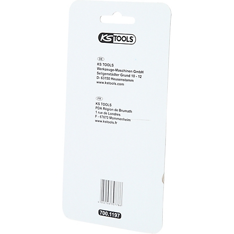 Rückseite einer weißen Verpackung mit Logo von KS TOOLS, Adressangaben und Barcode. Unten rechts steht die Nummer 700.1197.